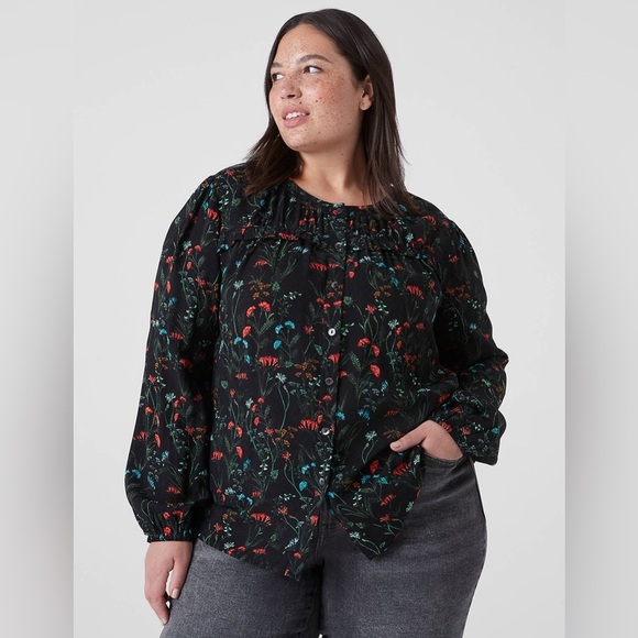 Lane Bryant Black Floral Long Sleeve Flounce Button Down Blouse 28 - Picture 1 of 11